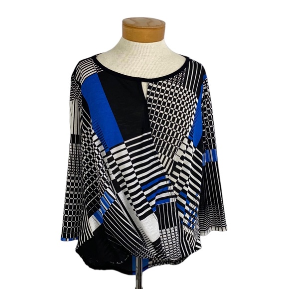 Chenault Geometric Kimono Blouse Size Small Keyhole Black White Long Sleeve - Picture 4 of 6